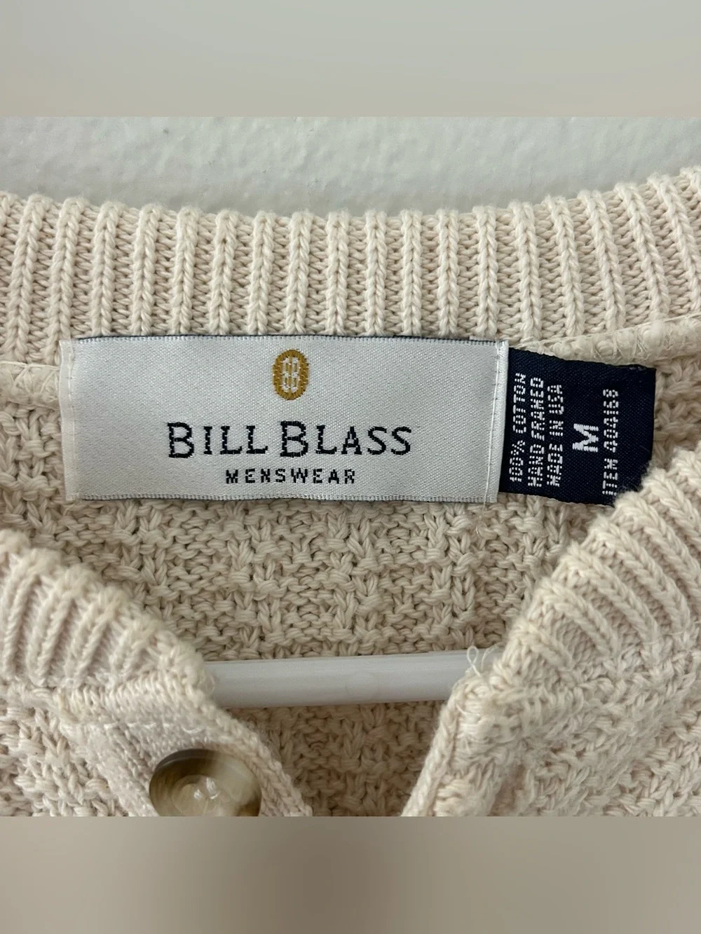 VTG Henley Knit Sweater 100% Cotton 90s Cream USA Made Bill Blass Sz M Fisherman